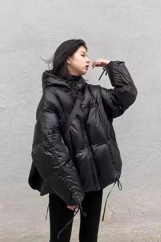 off-Season down Jacket Women's New Drawstring Loose Large Size Hooded Black Bread Coat Short Thickened Coat