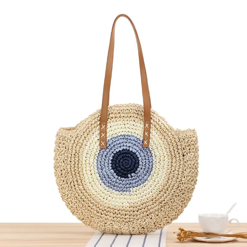 

Women Round Straw Bag Rattan Woven Shoulder Bag Wicker Simple Portable Beach Tote -OPK