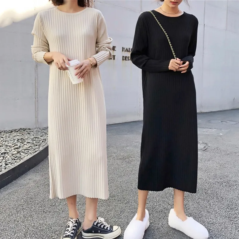 

2019 Autumn Winter Korea Style Knitted Dress Women Thick Warmlantern Long Sleeve Midi Sweater Dress Mujer
