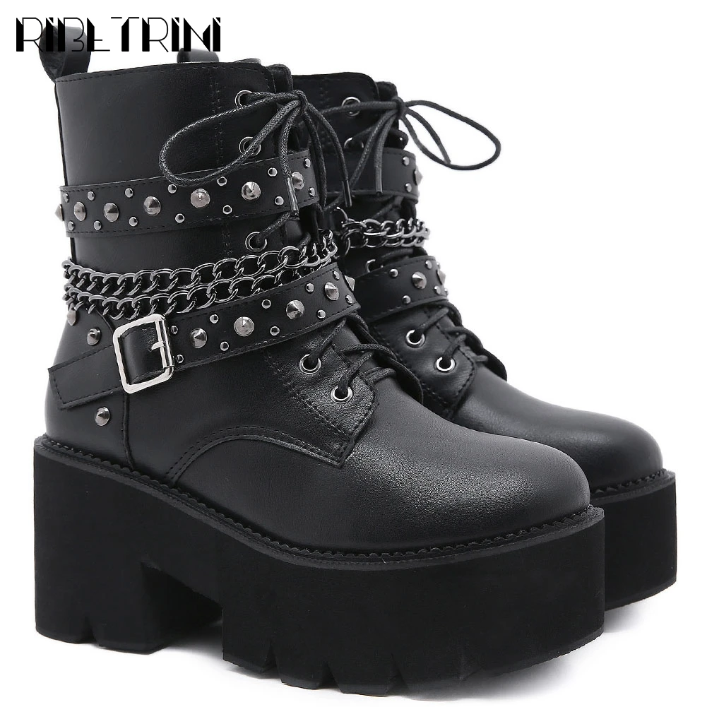 

RIBETRINI Punk Cool Girl Buckle Metal Chain Ankle Shoes Platform Women Boots Zipper Chunky Heel Casual Boots