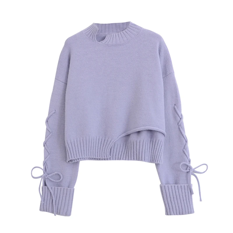 

Women's Knitted Pullovers Sweater Autumn Lace Up Long Sleeve Casual Loose Sweaters Female Solid 2021 Ladies Tops