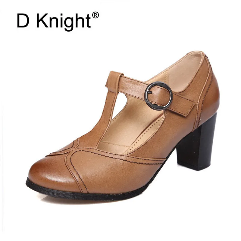 

Женские туфли-лодочки; Туфли-лодочки на высоком массивном каблуке с Т-образным ремешком и пряжкой; Женские офисные туфли-лодочки из натурал...