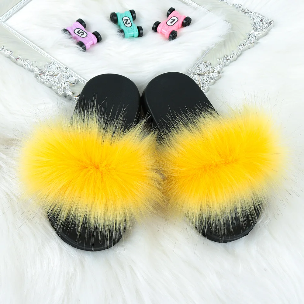 

Kids Fur Slippers Real Fox Slides Child Raccoon Home Flop Flip Mules Furry Flat Sandals Girls Cute Fluffy Shoes Baby Plush Cozy