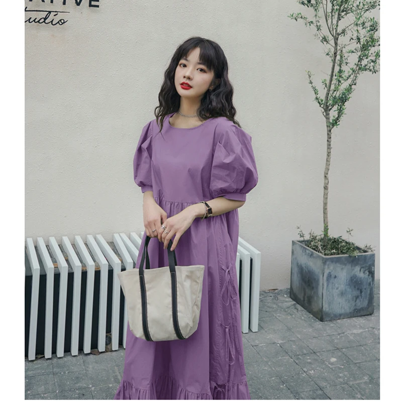 

Green Dress Women Puff Sleeve Loose Vintage Long Dresses For Women 2021 Summer Korean Sweet Clothes Elegant Dress Female CX1718