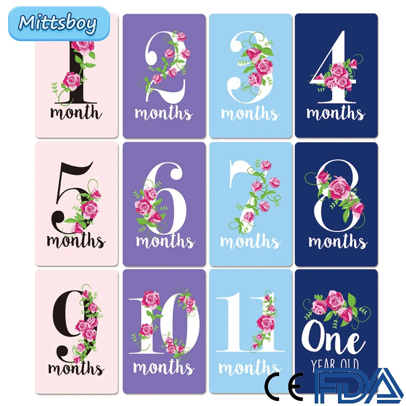 Tarjetas conmemorativas para reci&eacute;n nacido, accesorios para el mes, foto, flor, rosa de la jungla, 12 Uds.-0