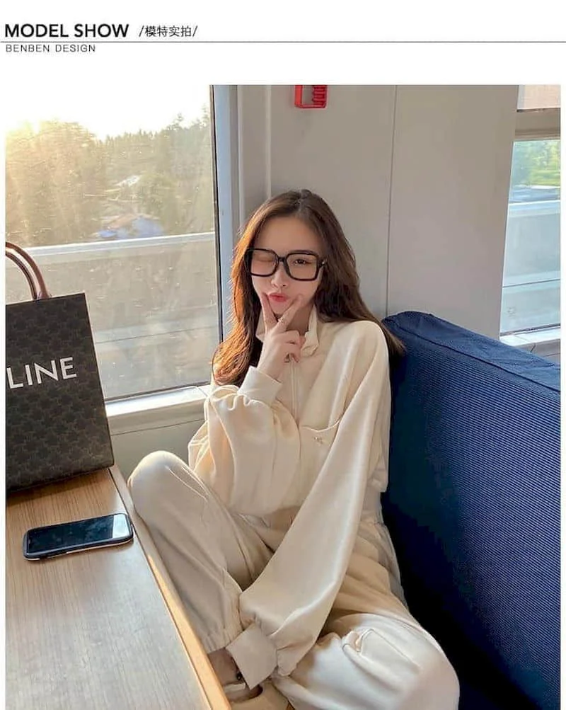 

Autumn Spring New Suit Women Open Stitch Pullover Stand Collar Women'S Suit Sports Style Two-Piece Trousers And Tops Solid Sets