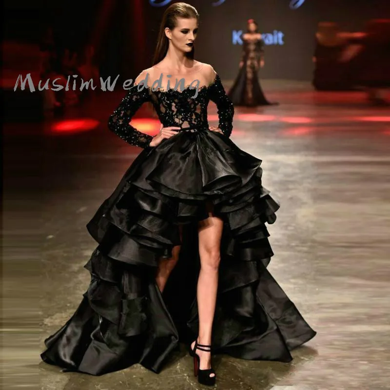 

Unique Sexy high low Prom dresses Lace long sleeves Fashion illusion jewel neck black short front long back Saudi Arabic evening
