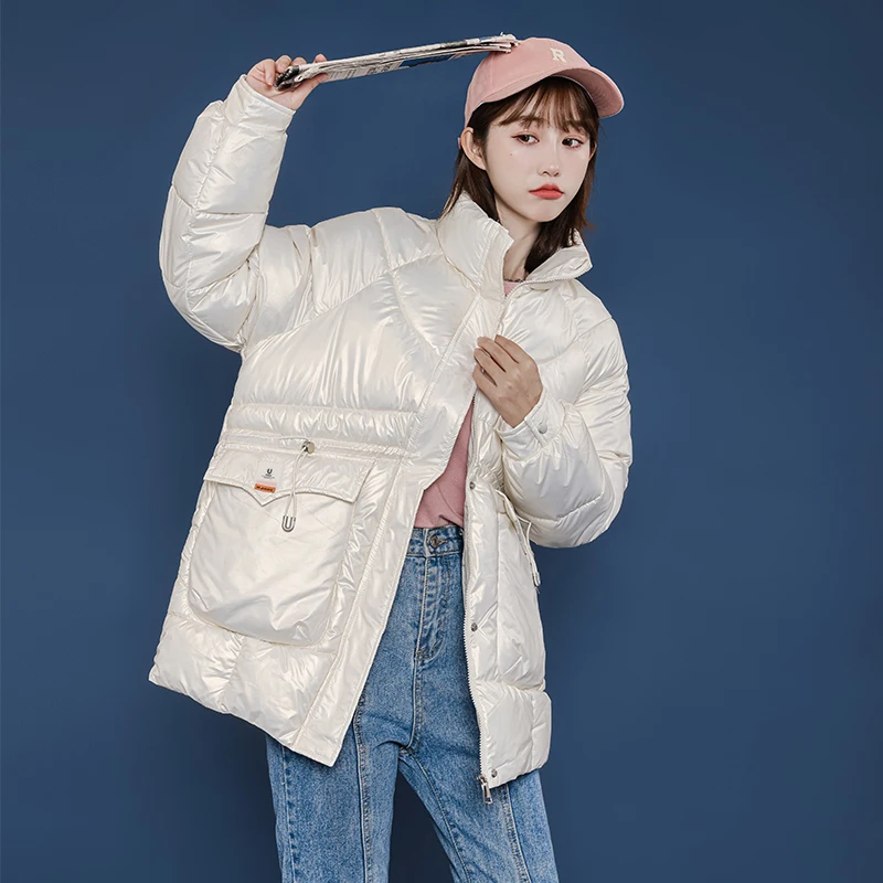 

Stand Collar Thick Long Women Winter Parkas Glossy Casual Cotton Padded Coat for Ladies Warm Shiny Puffer Jacket Big Pockets