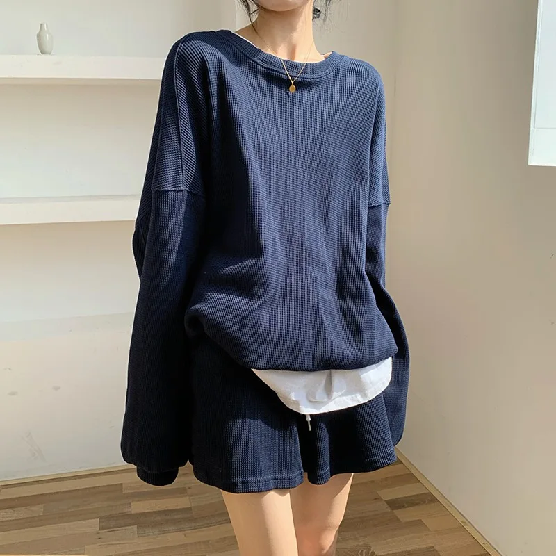 

2021 Women NewFashion Two Pieces Sets Hot Autumn loose long-sleeved salt Sweatshirts Sports +Elastic Waist Wide Leg Shorts