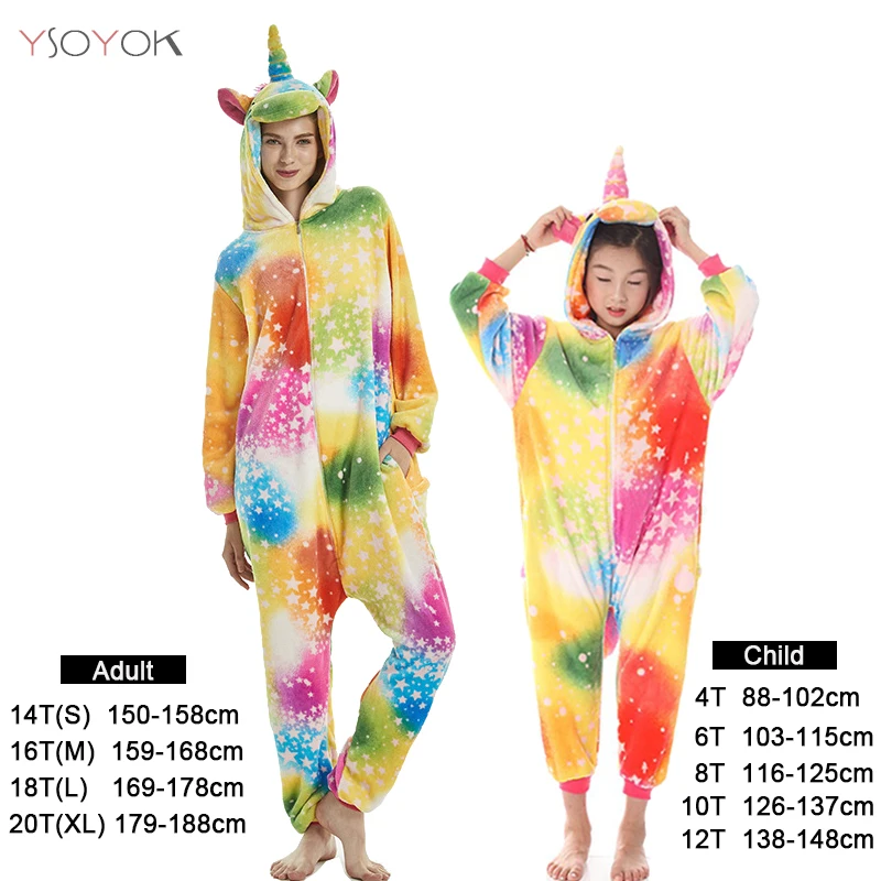Colorful unicorn Зимние пижамы кигуруми с единорогом для женщин, пижамы для маленьких девочек, пижамы для мальчиков, пижамы с животными, пандой, единорогом, комбинезон для детей - Цвет: Colorful unicorn