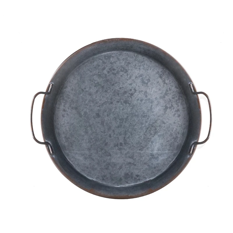 

European Retro Metal Plate With Handle Handcrafted Round Wrought Vintage Storage Bread Tray Home Decoration Garden Restaurant