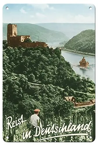 

Путешествия в Германии (deutland)-руины замка фюрстенберга-река Рейн от F. Металлический жестяной знак krразмера c.1950s