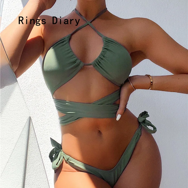 

Rings Diary Western Style Fission Women's Swimsuit Bowknot Strappy Bind Sexy Bikini Hot Spring Solid Color Halter Swimwear