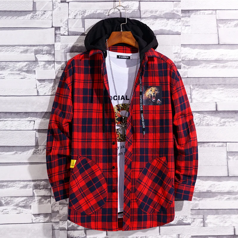 Мужская толстовка с капюшоном клетчатая рубашка в полоску хлопок повседневная