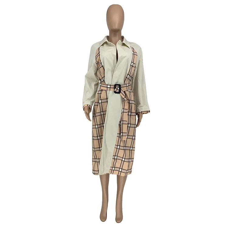 

ChocoMist Coat Formal Plaid Print Metal Ring Decoration Khaki Trench Coat G8069