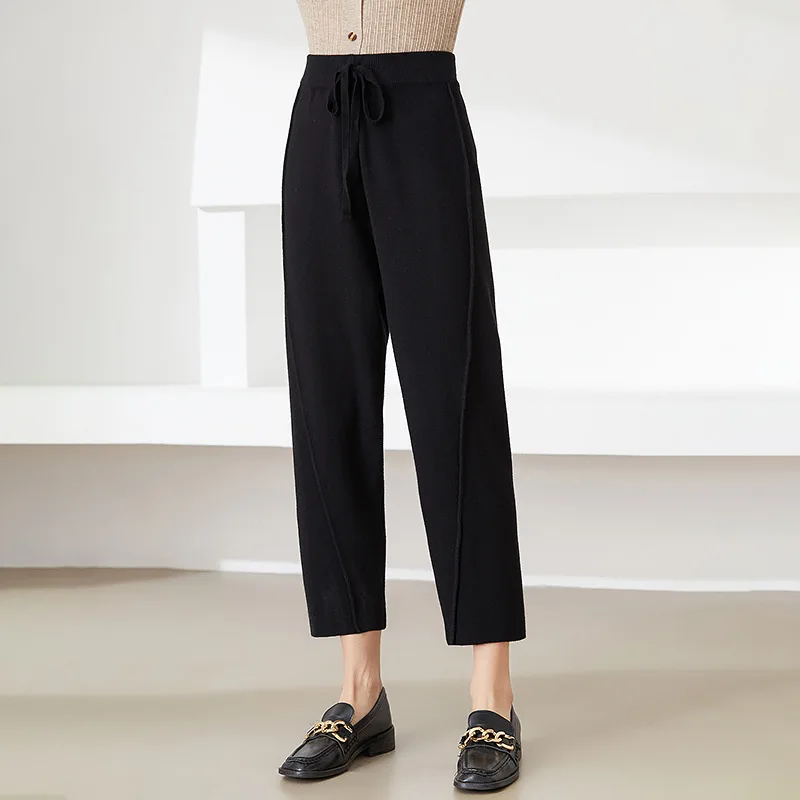 Knitted pants women's stretch straight trousers spring, autumn and winter new style high waist thick casual pants loose women's