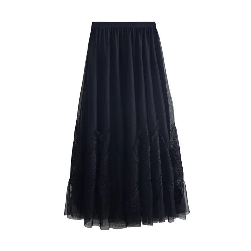 

2020 Autumn & Winter New Women High Waist Slimming Simple Pure Color Mesh Skirt Stitching Lace Casual Long Skirt Free Shipping