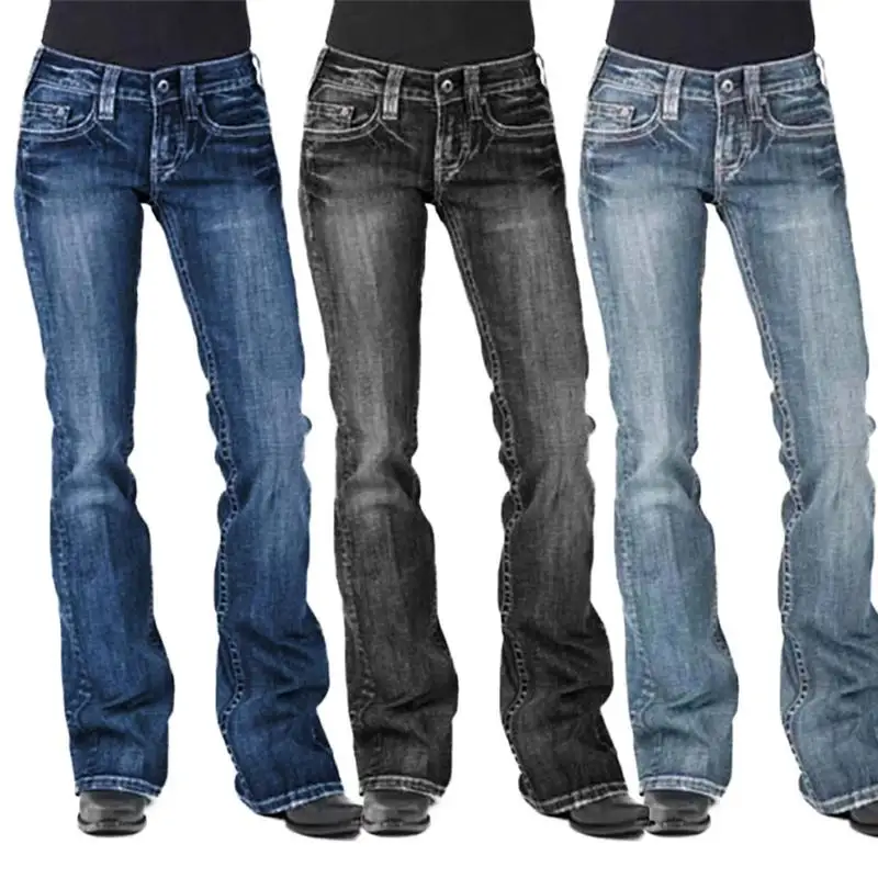 

Повседневные женские расклешенные джинсы 4XL, винтажные длинные джинсовые брюки со средней талией, женские зимние уличные брюки, джинсы для ...