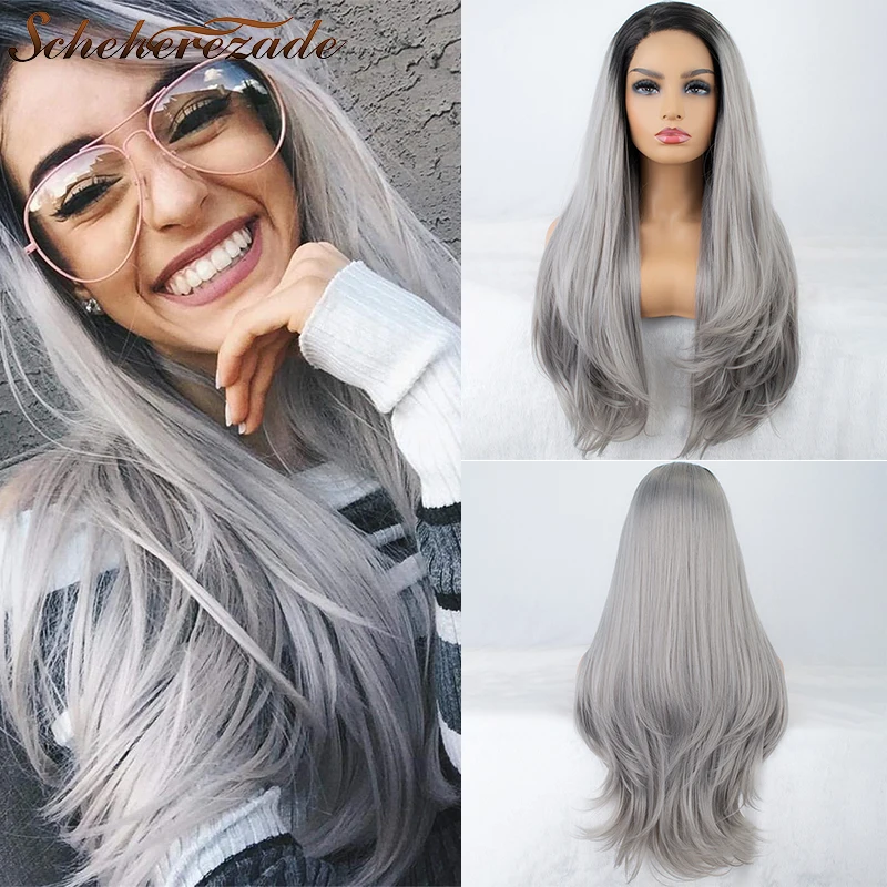 Ombre Lace Front Wig Long Straight Silver Wigs For Women Synthetic Lace Front Wig Heat Resistant 13×3 Cosplay Wig   Scheherezade