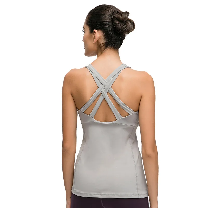 

The new U-shaped neckline yoga vest women's cross-woven widened hem fitness top with chest pad