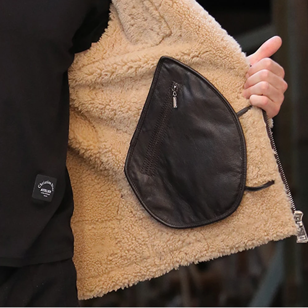 Мужская куртка из натуральной овчины черная качественной верхняя одежда кожи