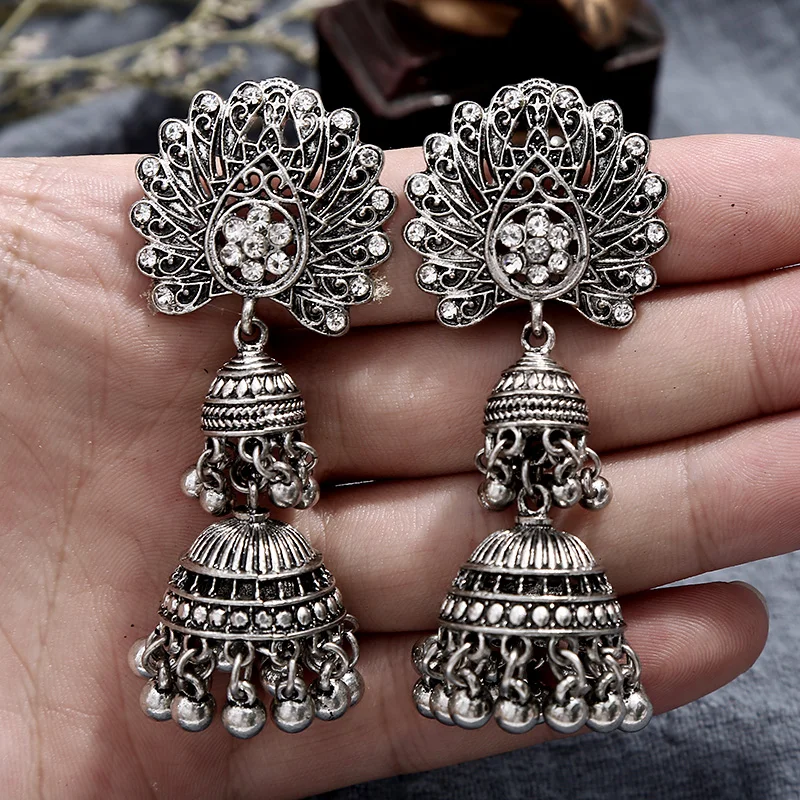 Модные серьги в индийском стиле для женщин окисленные Jhumka серебряный цвет