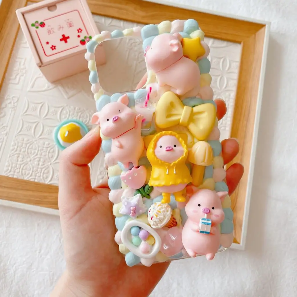 Handmade Case for iPhone 12 pro max 3D Kawaii PIG Phone Cover ip 11 DIY Cream Shell 6/6s 7/8 plus Candy Food X/XS MAX XR SE 2020