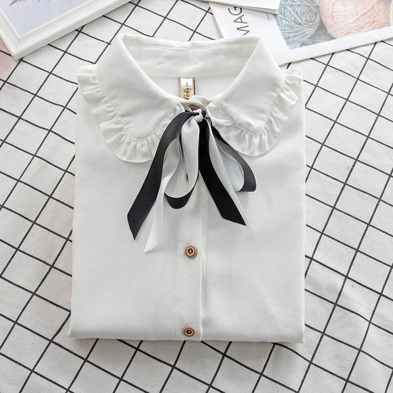 

2020 Women Lovely Long Sleeve White Shirt Japanese School Uniforms Student Girls Lace Flower 4 Color Top Decorative Buckle Shirt