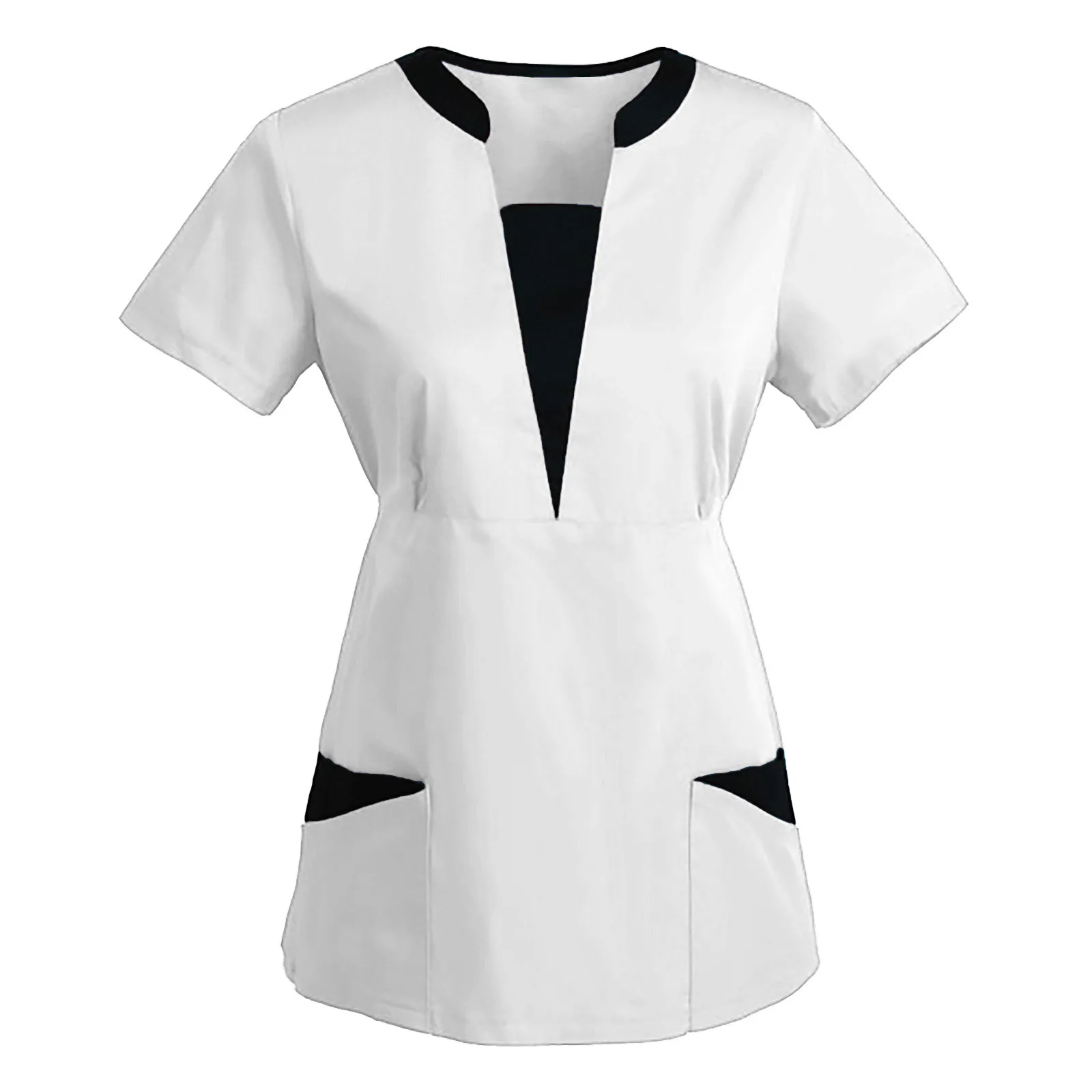 

New Korean version SPA Uniforms Women Beauty Salon Scrub Tops Slim Fit Healthcare Tunic Short Sleeve Solid Patchwork Blouse