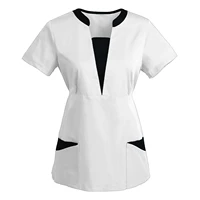 new korean version spa uniforms women beauty salon scrub tops slim fit healthcare tunic short sleeve solid patchwork blouse