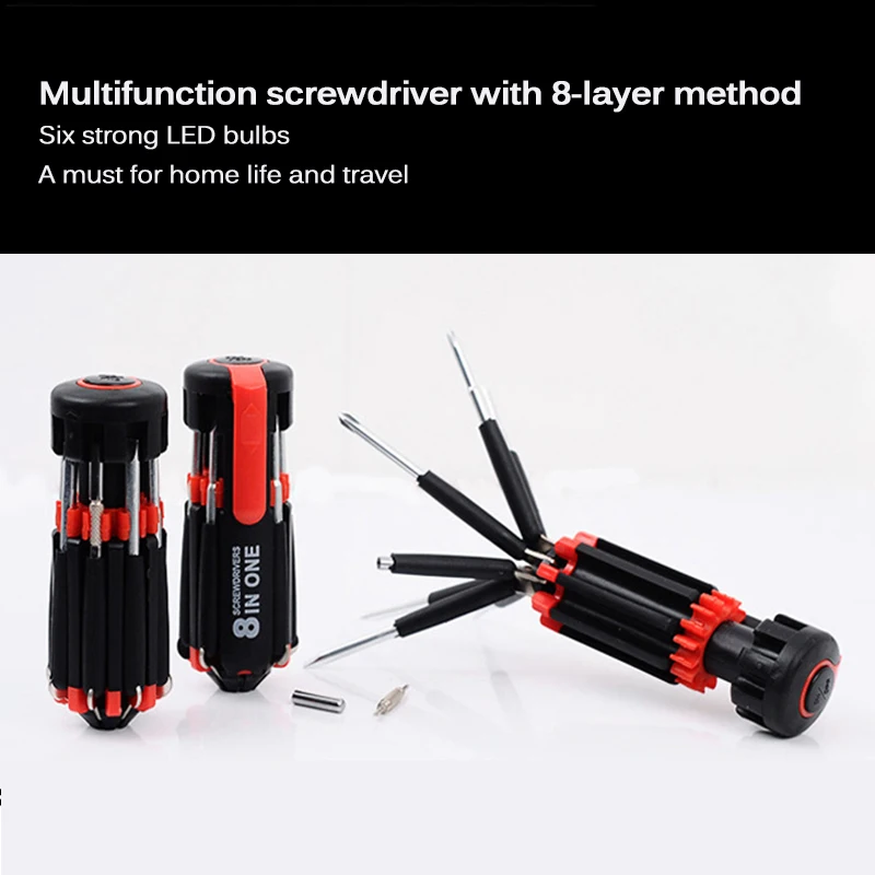 

8 In 1 Multi Screwdriver LED Flashlight Hand Tools Multi-Function Flashlight Slotted Type Hex Screwdriver Repair