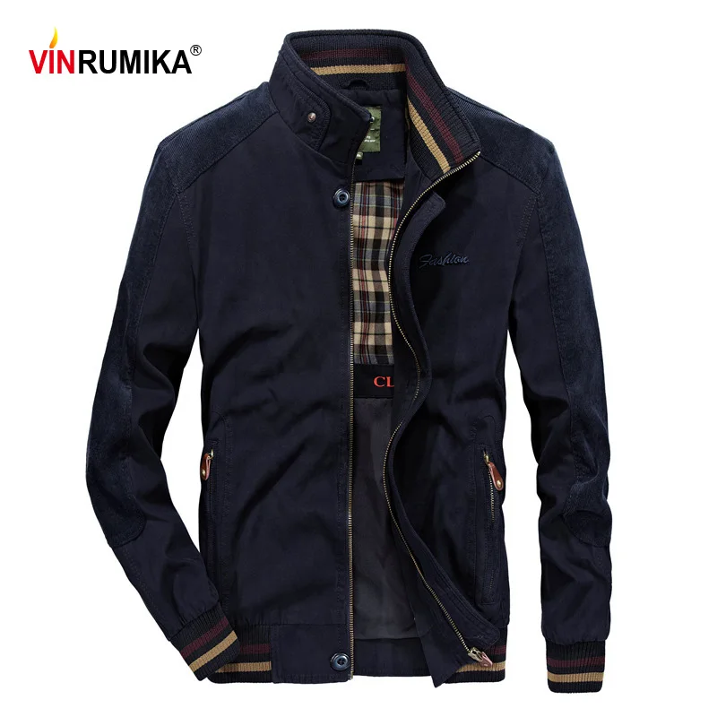 Europe Style Large Size M-5XL Mens Classic Brand Autumn 100% Cotton Khaki Zipper pocket Jackets Coat Man Spring Black Blue Coats