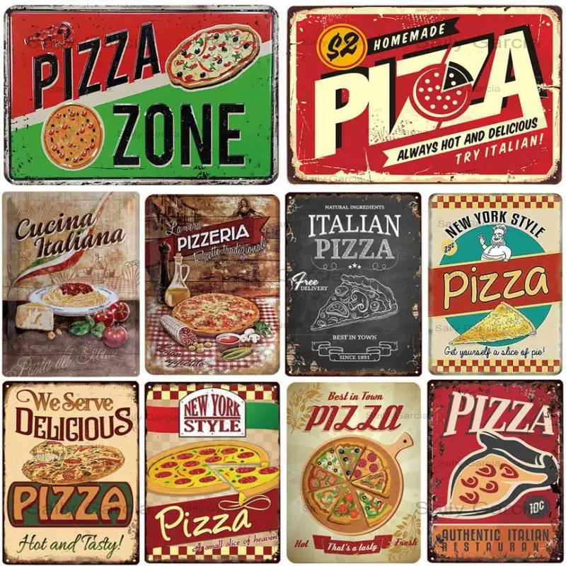 Жестяная ретро табличка с изображением пиццы винтажная металлическая картина