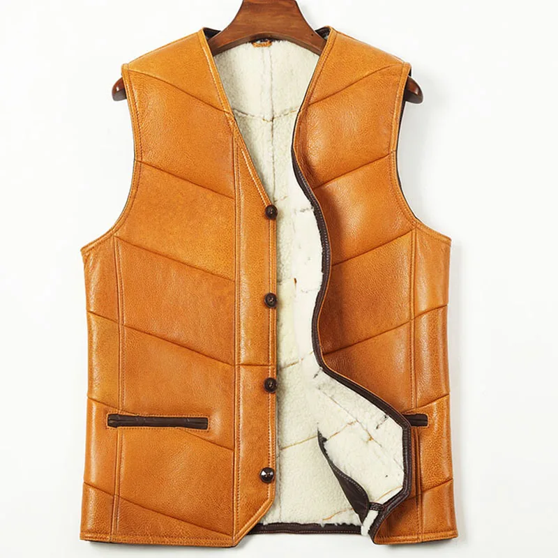 

Men V-Neck Real Leather Wool Waistcoat Winter Thicken Single Breasted Sleeveless Jacket 2021 Business Biker Vest Oversize 4XL