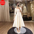 Платье свадебное короткое с коротким рукавом, простые атласные вечерние платья до середины икры в Корейском стиле, с квадратным вырезом, дешево, 2020