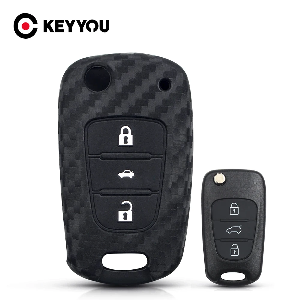 Карбоновые силиконовый чехол для ключей от машины KEYYOU с 3 кнопками Hyundai i30 i25 i40 IX25