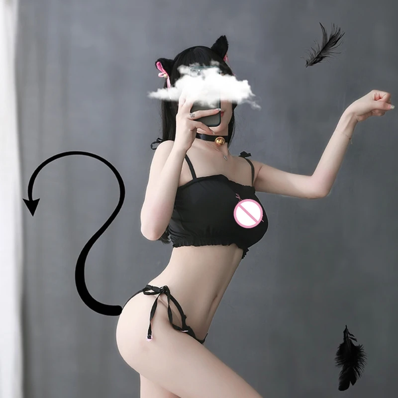 

X3UE женский сексуальный косплей комплект нижнего белья плюшевые уши заколки для волос котенок Хвост Аниме наряд