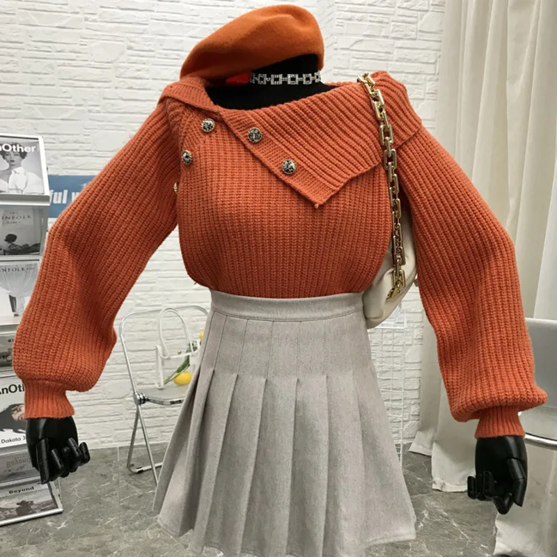 

High Quality Korean Chic Sweater Lantern Sleeve Knitwear Pullovers Autumn Winter Women Loose Knit Cropped Jumper Pull Femme