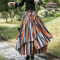 new clothes 2021 autumn winter women cotton and linen stripe skirt irregular hem fashion vintage a line long dancing skirt m826