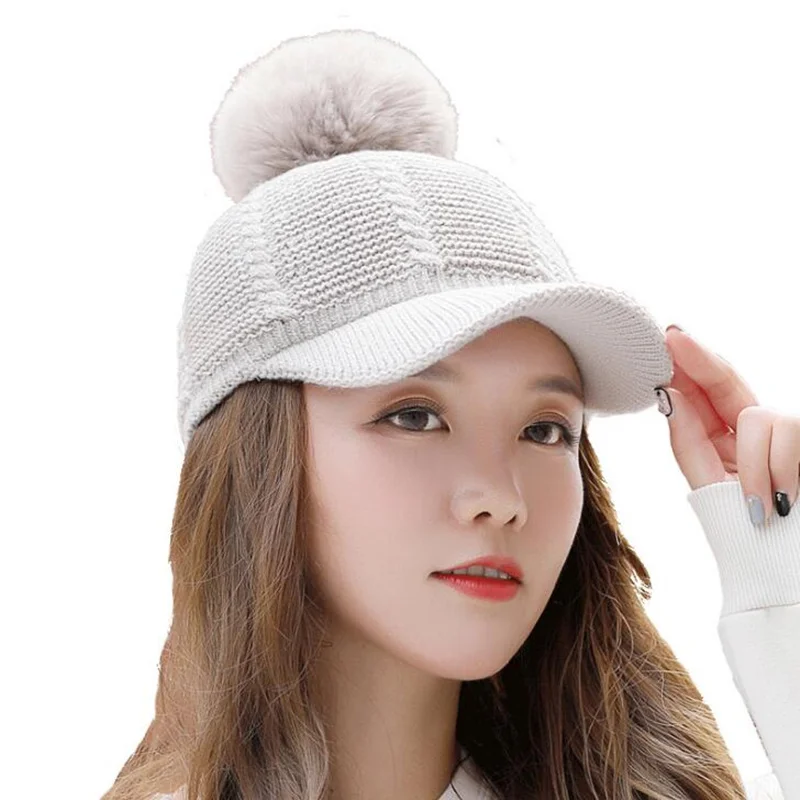 Новинка 2019 зимние шапки с меховым помпоном для женщин плотная теплая Бейсболка
