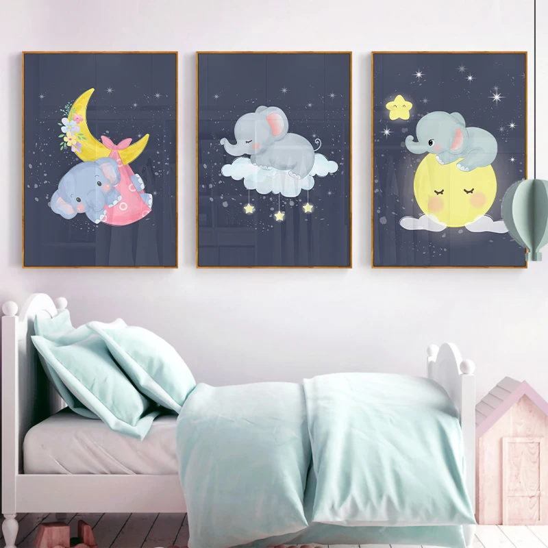 

Watercolor Cute Animal Cartoon Baby Elephant Poster Nursery Wall Art Picture Canvas Print Nordic Painting Kids Baby Room Decor