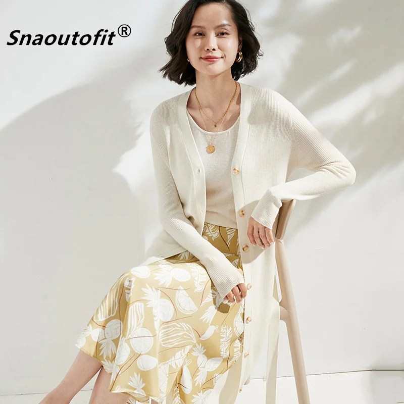 Snaoutofit Mid-Length Ladies100 Pure Wool Cardigan Dress Spring And Autumn Lace-Up Waist Knee-High V-Neck Knitted Sweater Overco