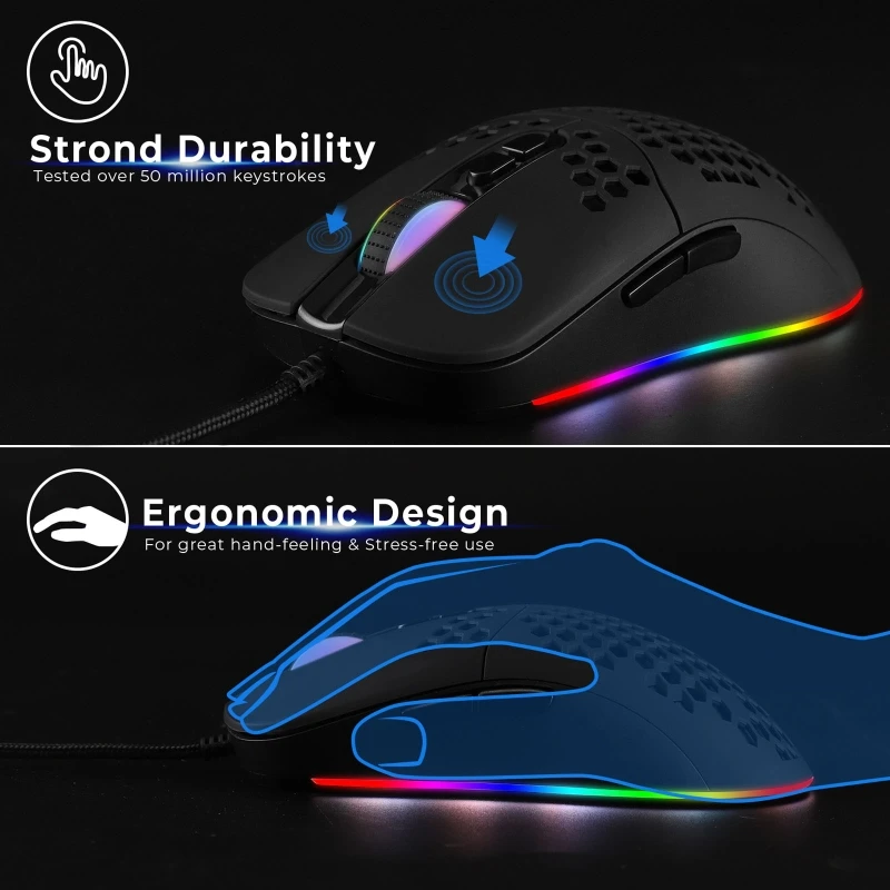 

7200DPI USB Wired Mouse Optical Gaming Honeycomb Shell Mice RGB LED Backlight