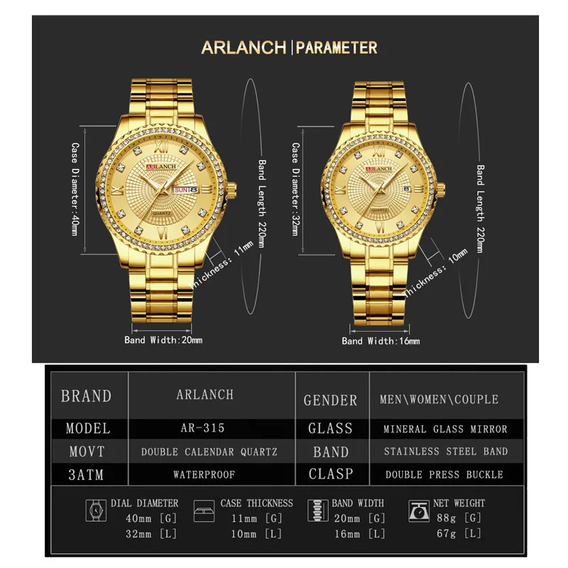 Diamond Quartz Couple Watches Men Women Double Calendar Week Stainless Steel Strap Wrist Watch Business Clock Reloj Hombre Gift
