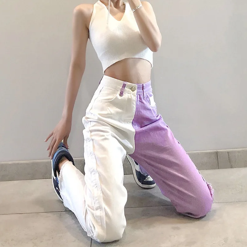 

2021 Y2K High Waist Straight Pants Purple White Splicing Jeans New Pocket Casual Streetwear Loose Wild Denim Trousers