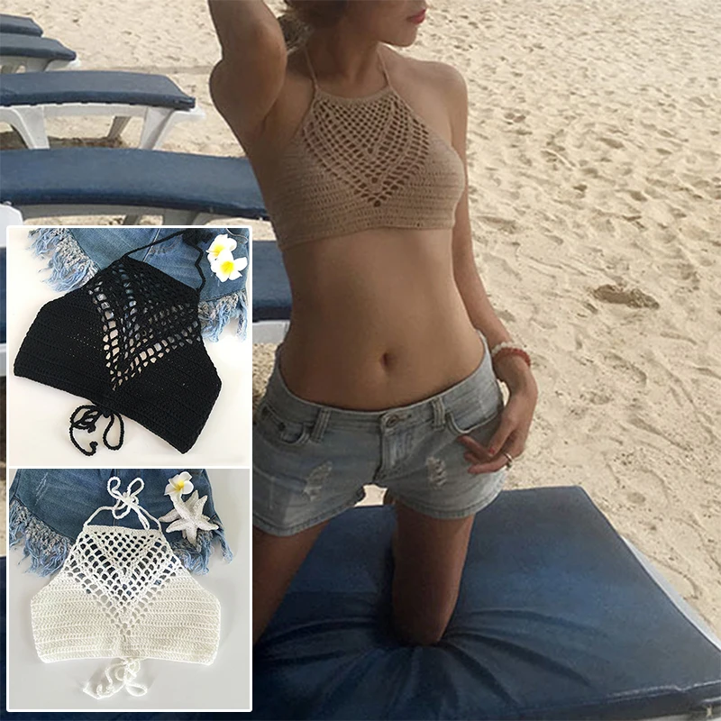 

New Sexy Women Crochet Bikini Knitting Halter Top Solid Color Wrapped Chest Bra Boho Beach Backless Camisoles