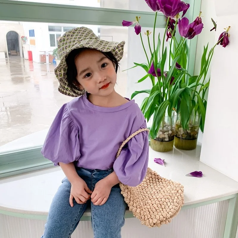 

Lantern Sleeve Girls All Match Bottoming Shirts Tops Casual Kids Fashion Clothes Chidlren Round Neck T-shirts Pure Color Girl