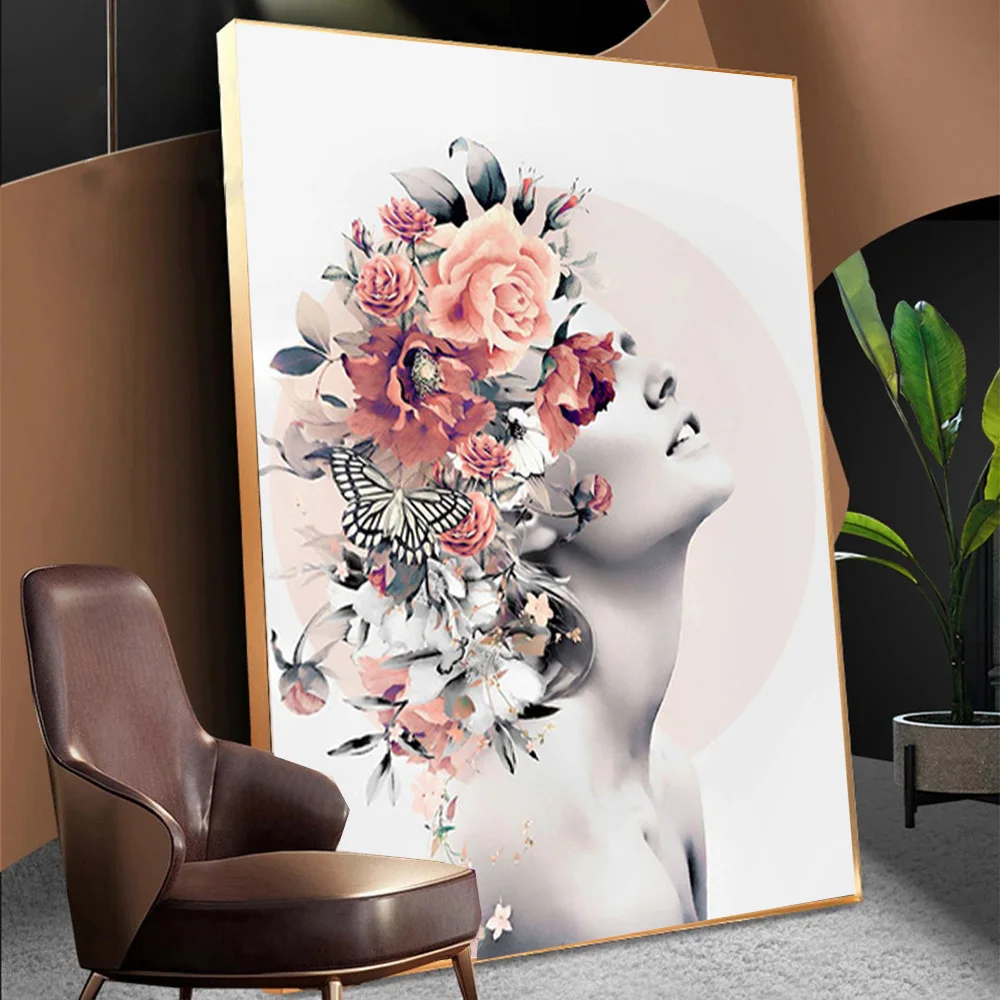 

Abstract Sexy Woman Flower Head Canvas Painting Nordic Figure Poster and Prints Wall Art Picture for Living Room Home Decoration