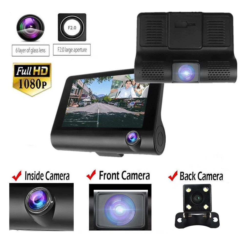 4'' Three Ways Car DVR FHD 1080P Dual Lens Video Recorder With Rearview Mirror Camera 170 Wide Angle Dash Cam Camcorder