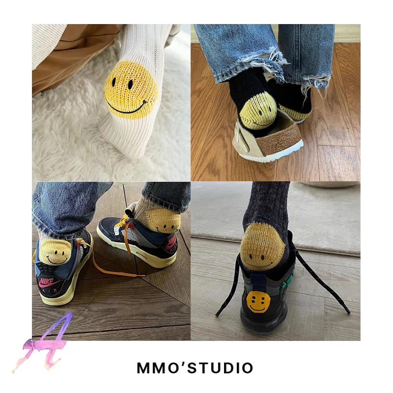 2 Pack KAPITAL Middle Tube Socks Men's Women's Smiley Face  Cotton Socks Casual KAPITAL Knitted Socks